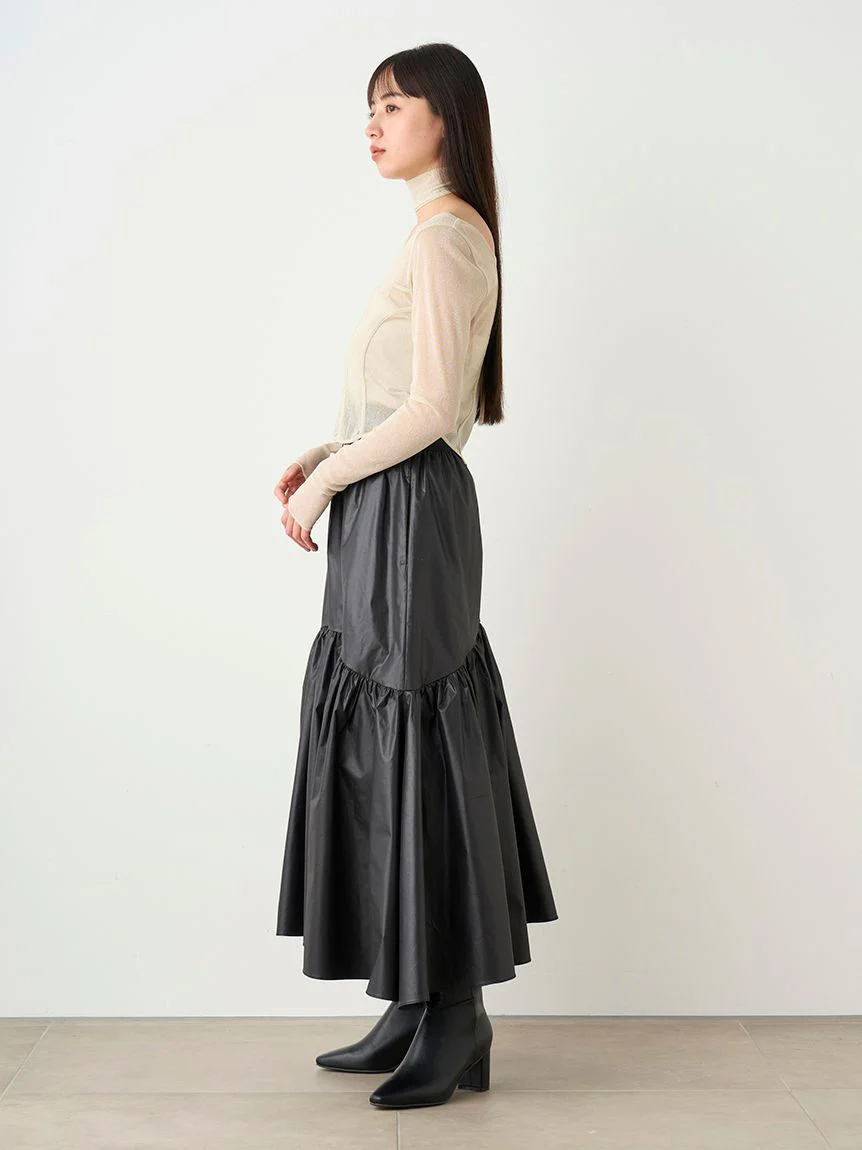 Belted Leather-like Gathered Flare Skirt - Image 11