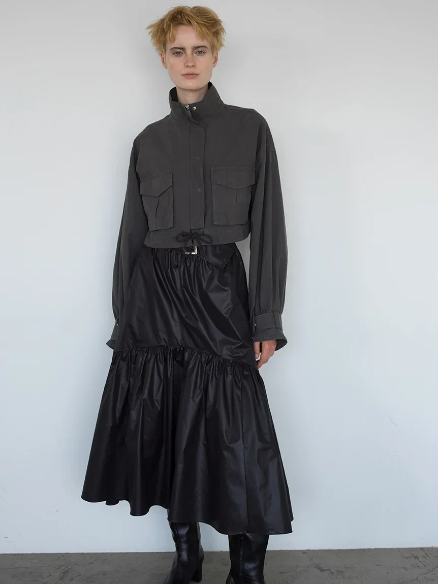 Belted Leather-like Gathered Flare Skirt - Image 3