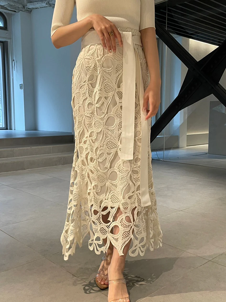 High Waisted Lace Cutout Maxi Skirt - Image 6