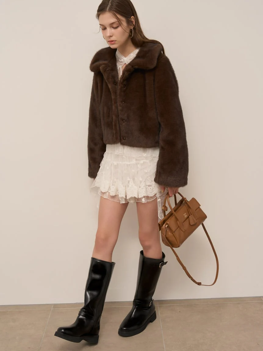 Short Stand Collar Faux Fur Coat - Image 6