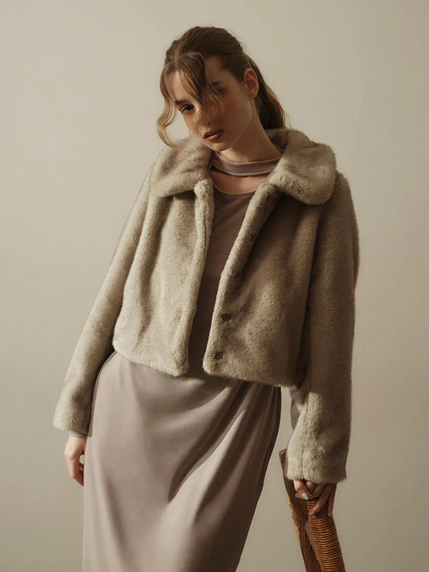 Short Stand Collar Faux Fur Coat - Image 7