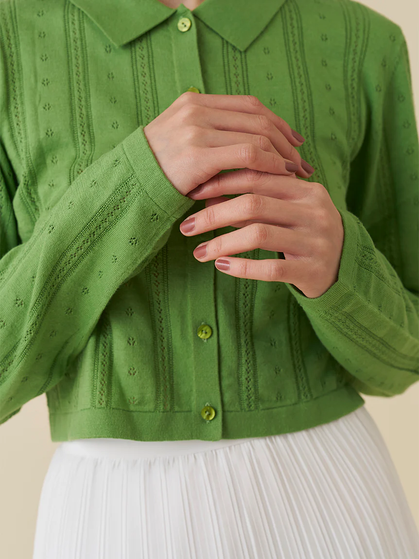 Color Textured Cropped Knit Cardigan - Image 8