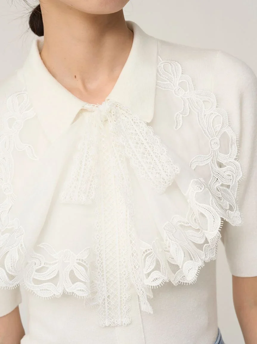 Embroidered Collar Docking Knit Top - Image 11