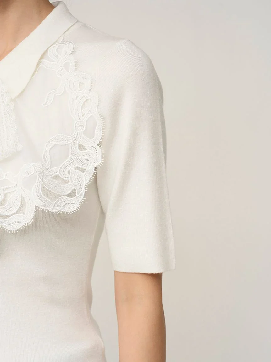 Embroidered Collar Docking Knit Top - Image 12