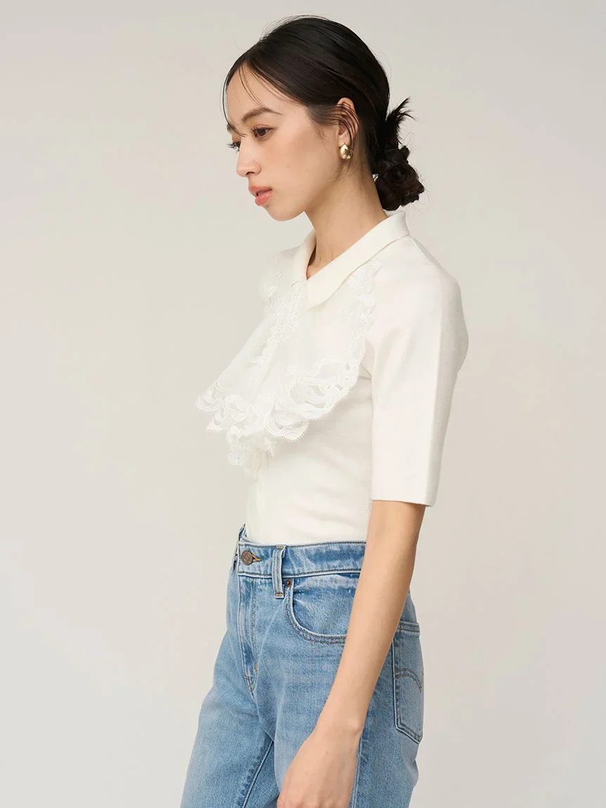 Embroidered Collar Docking Knit Top - Image 14