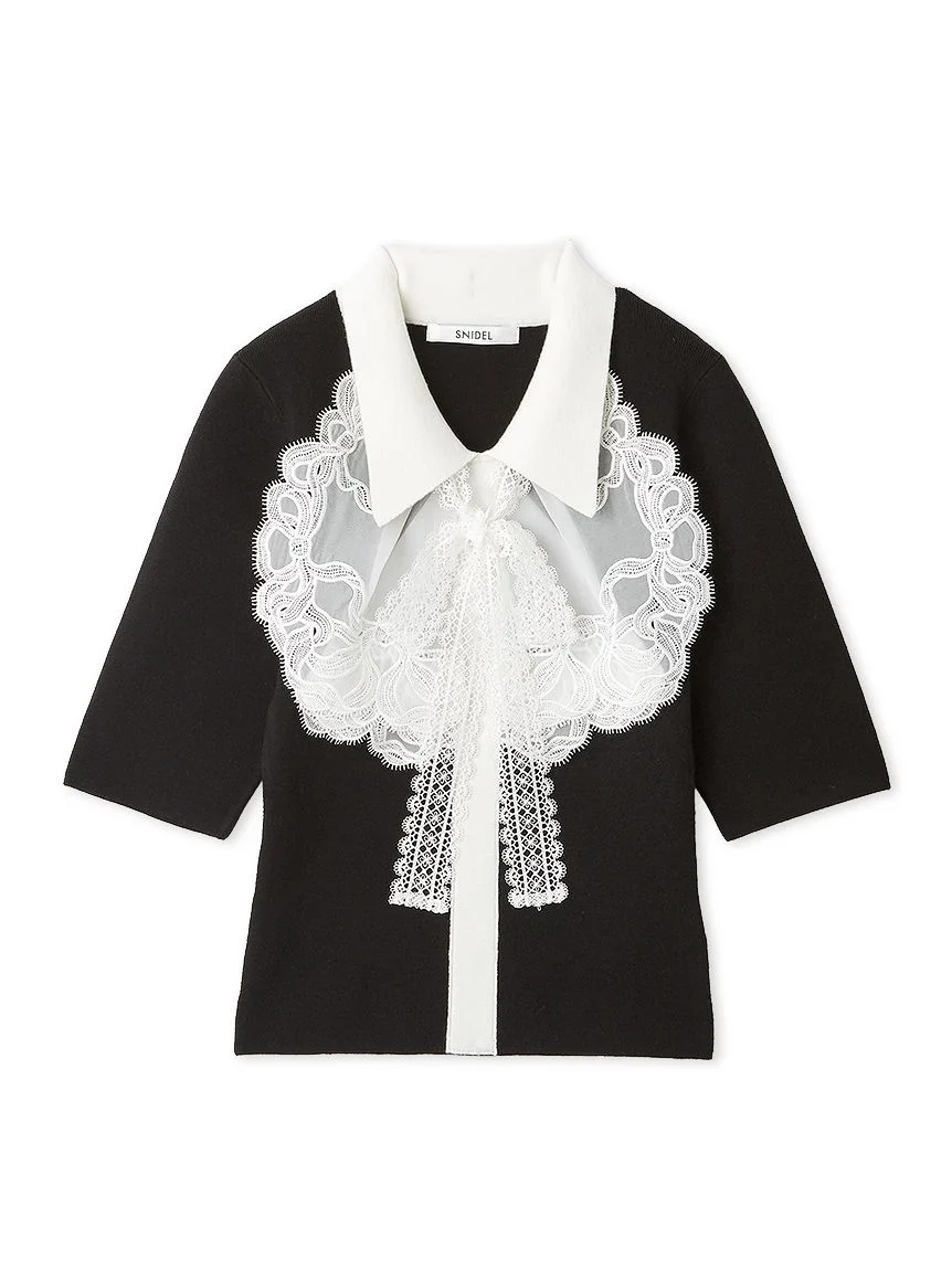Embroidered Collar Docking Knit Top - Image 3