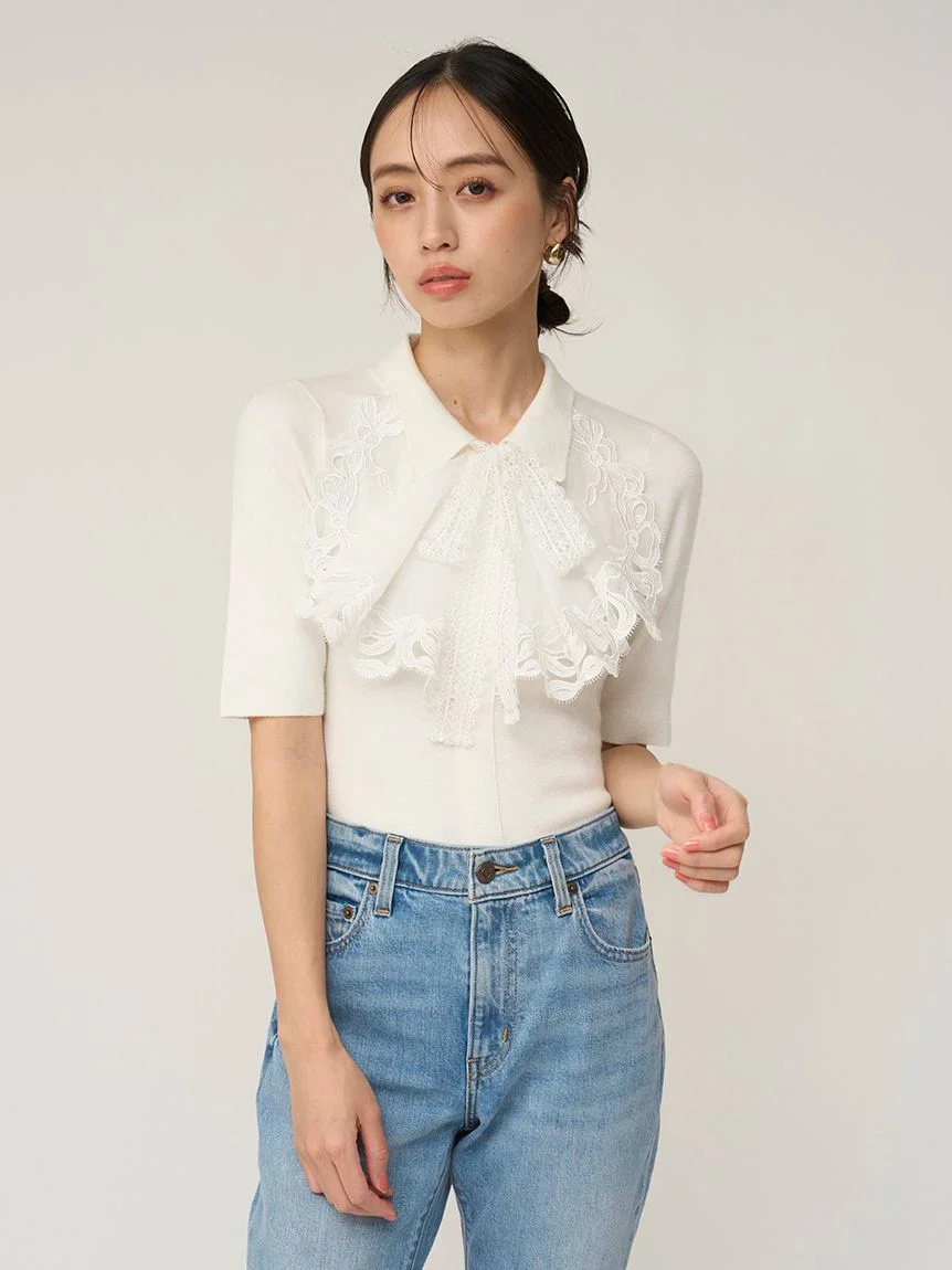 Embroidered Collar Docking Knit Top - Image 7
