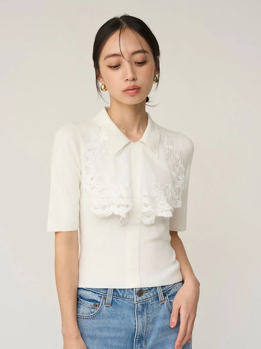 Embroidered Collar Docking Knit Top - Image 8