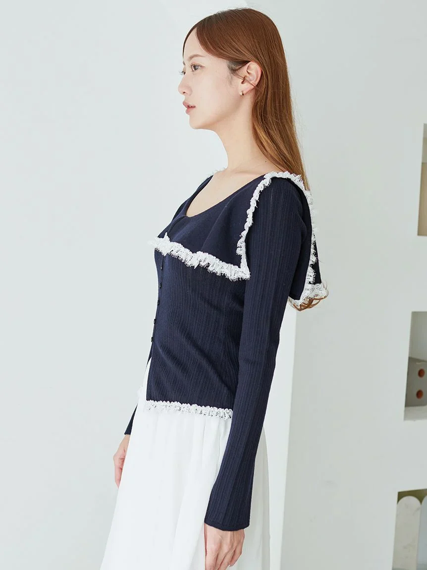 Sustainable Big Collar Lace Trim Knit Pullover - Image 5