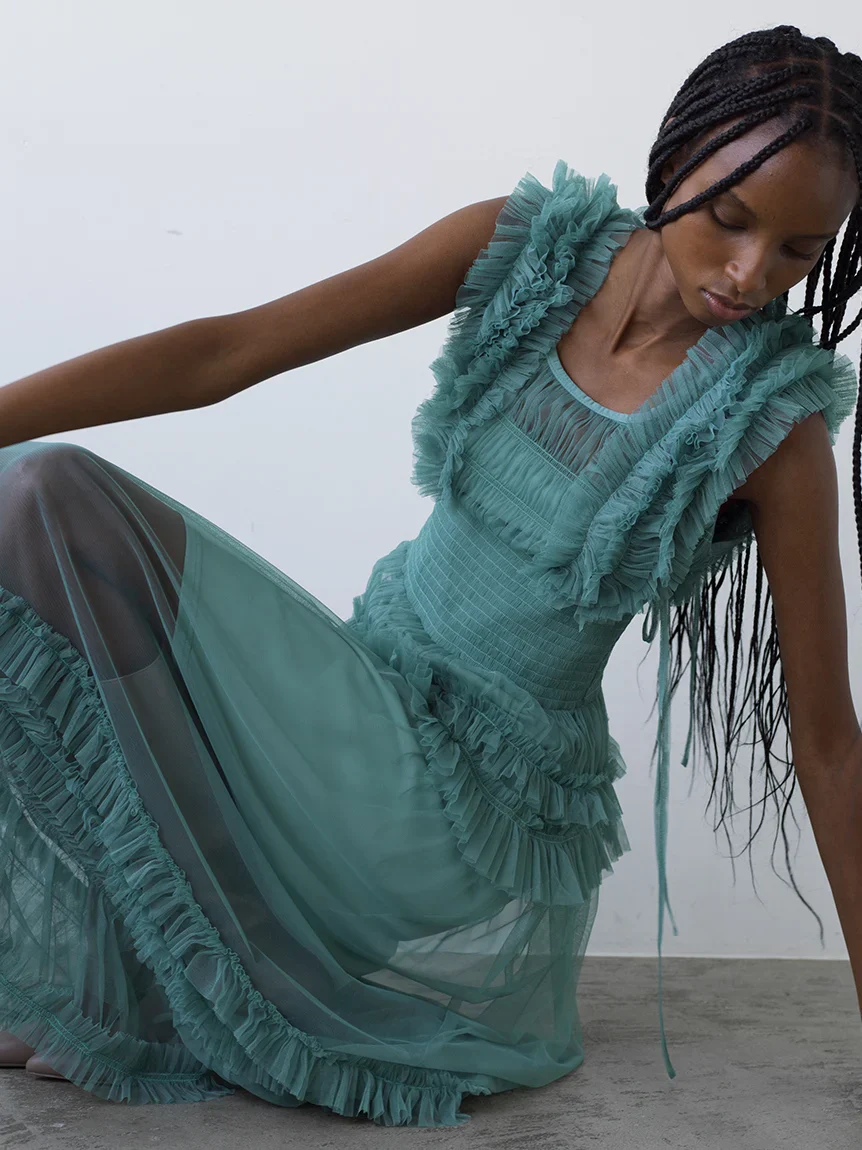 Tiered Smocked Ruffle Sheer Midi Dress - Image 5